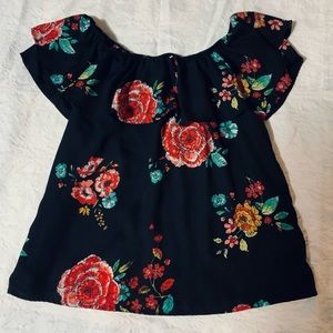 Flowered Ruffled Top Worn On or Off Shoulder